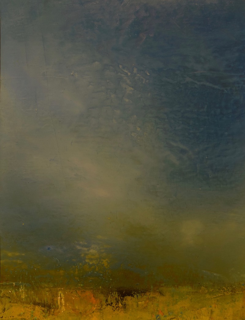 Escape. Oil & Cold Wax. You are immersed in the haze of the green-yellow sky, as it blends itself with the golden landscape. The storm is passing and the hope of blue peeks through.
