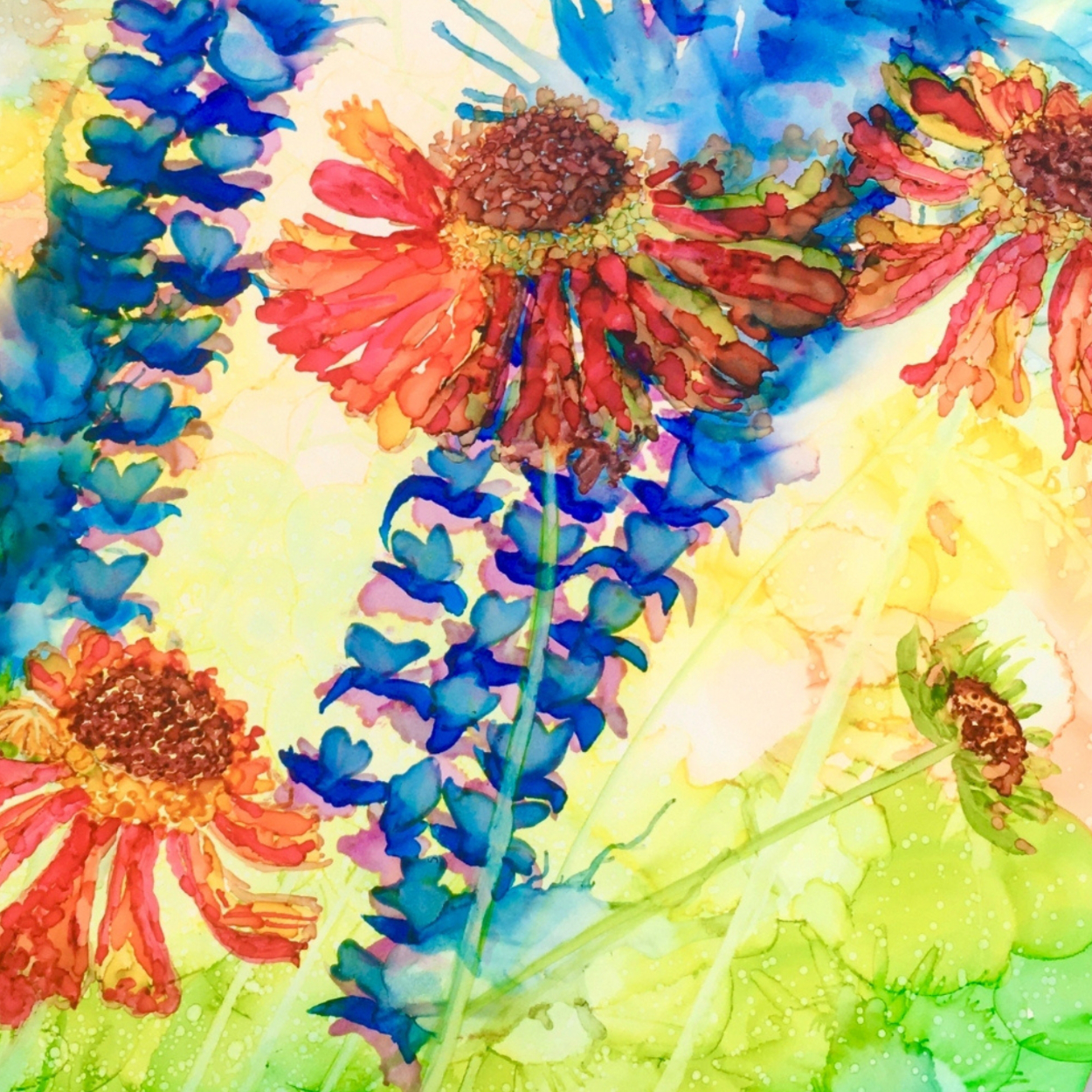 Helenium & Salvia (unfinished) - alcohol ink pens with splashes of neat alcohol onto A4 Yupo paper