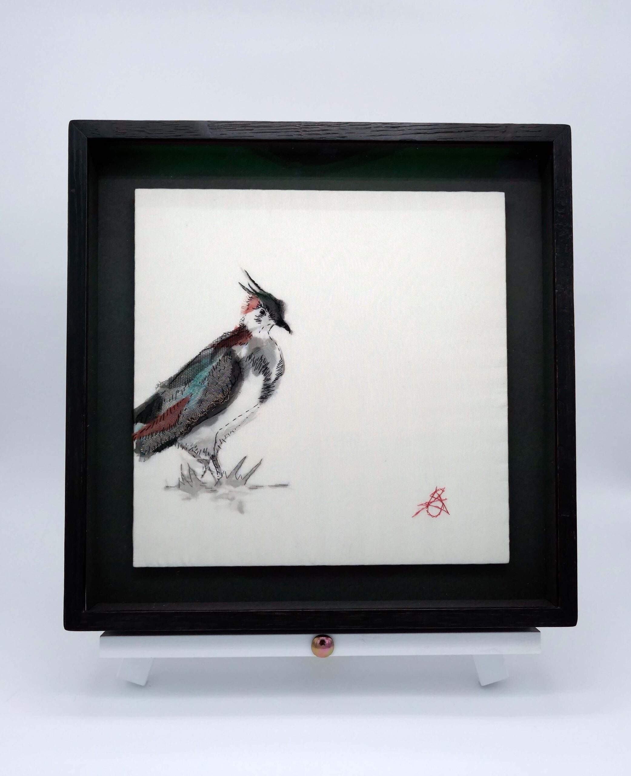 Stand and Stare Lapwing, hand embroidery and applique on silk. Size 20cm x 20cm [unframed]