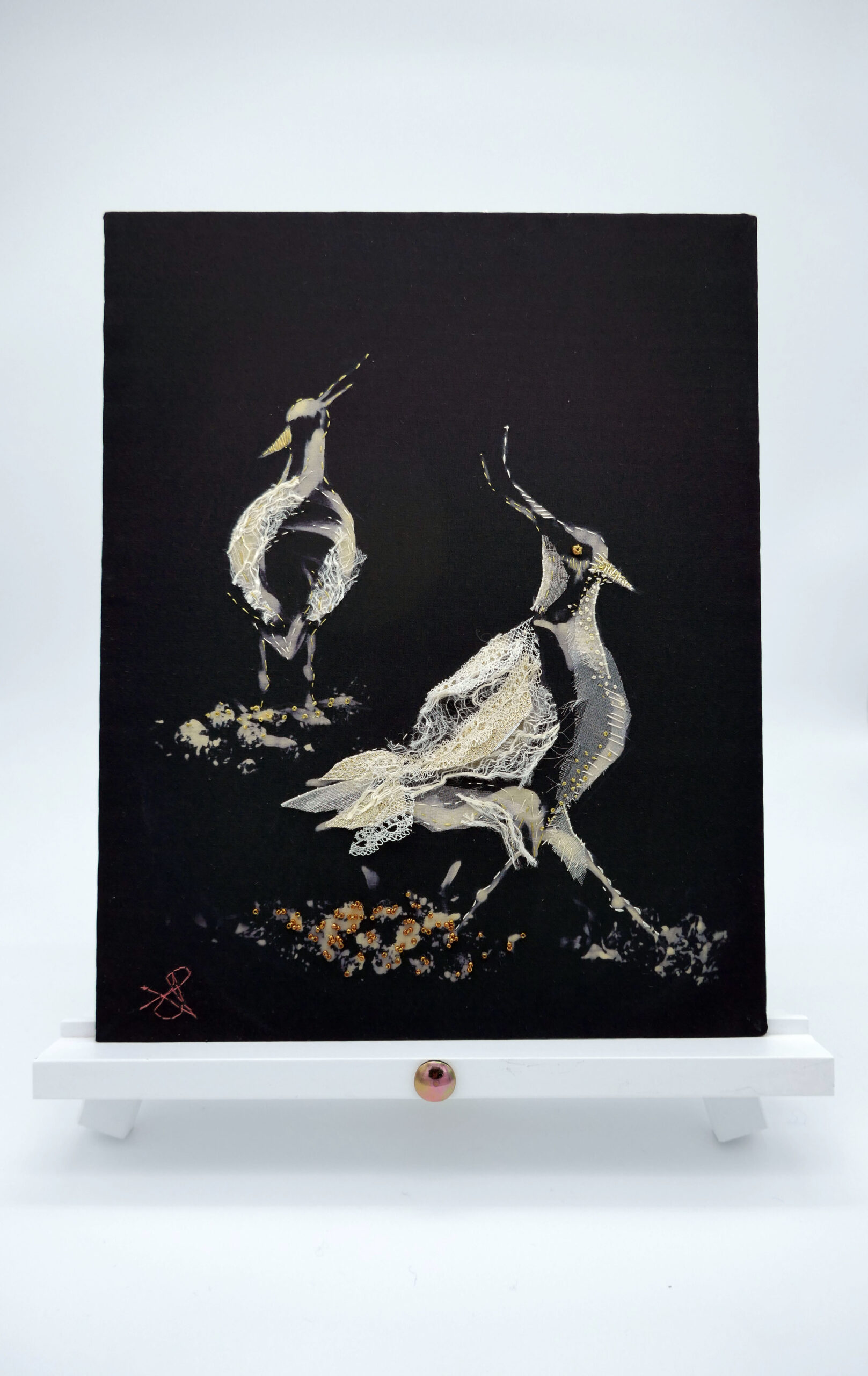 Golden Hour Lapwings, hand embroidery and applique on silk. Size 20cm x 20cm [unframed]