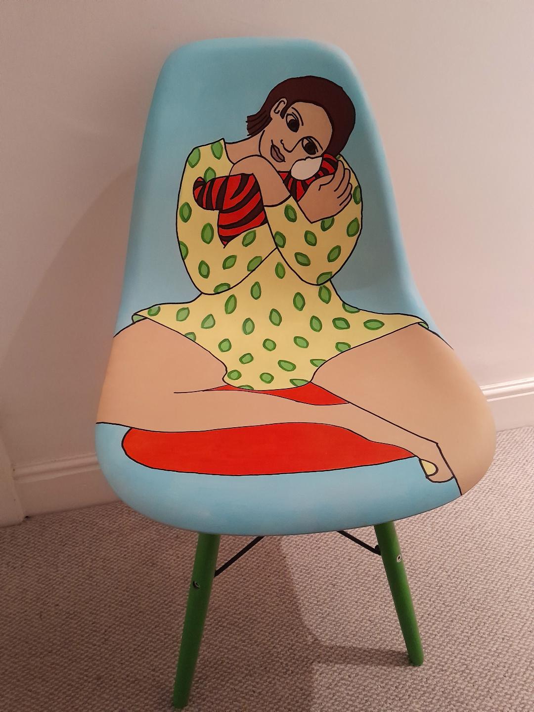 Anita and baby. Acrylic paint on plastic chair.