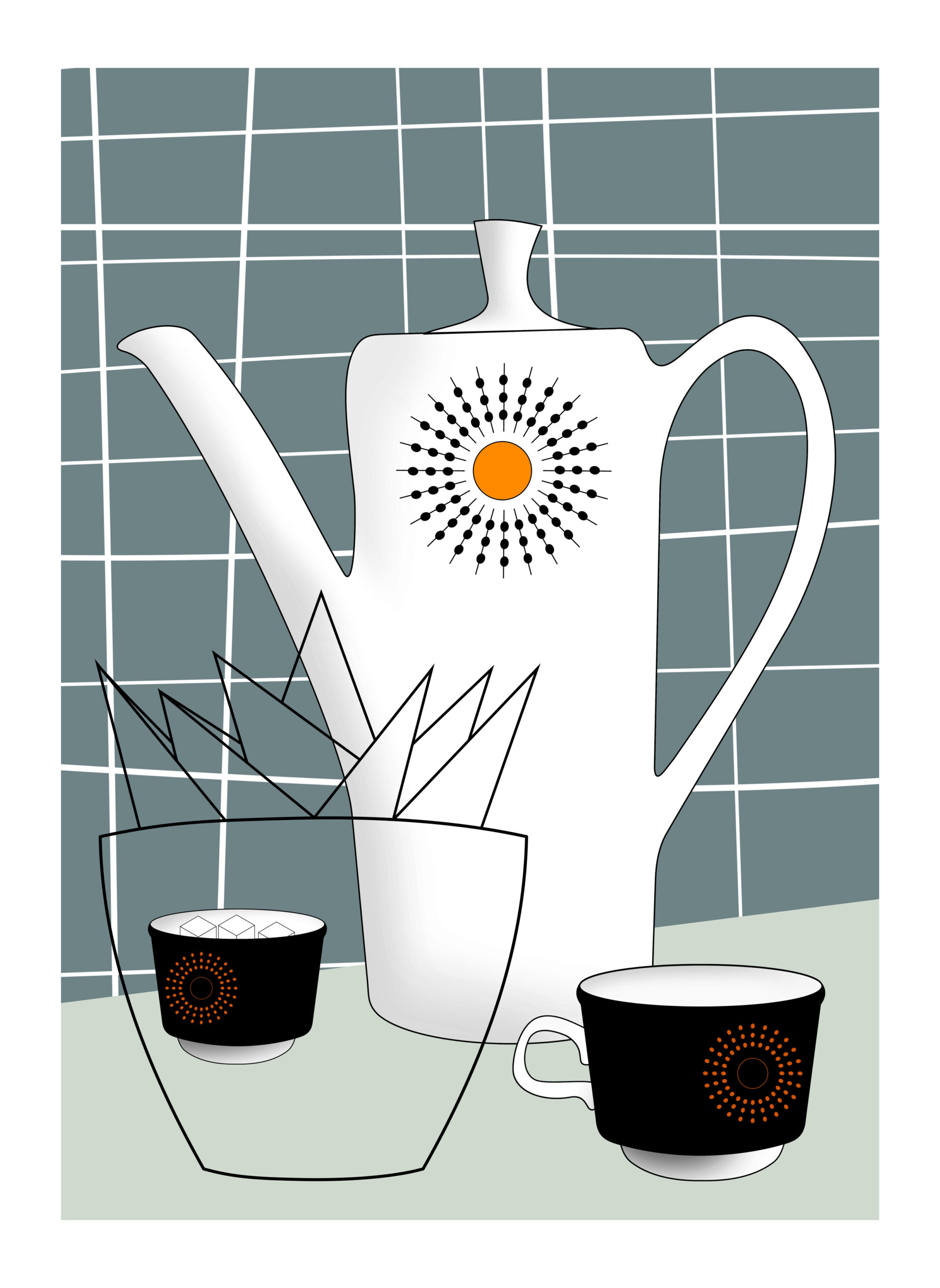 Retro Coffee Set, Large, limited edition giclee print on 308 gsm fine art paper Available as A1, A2 and A3 size Limited edition of 80