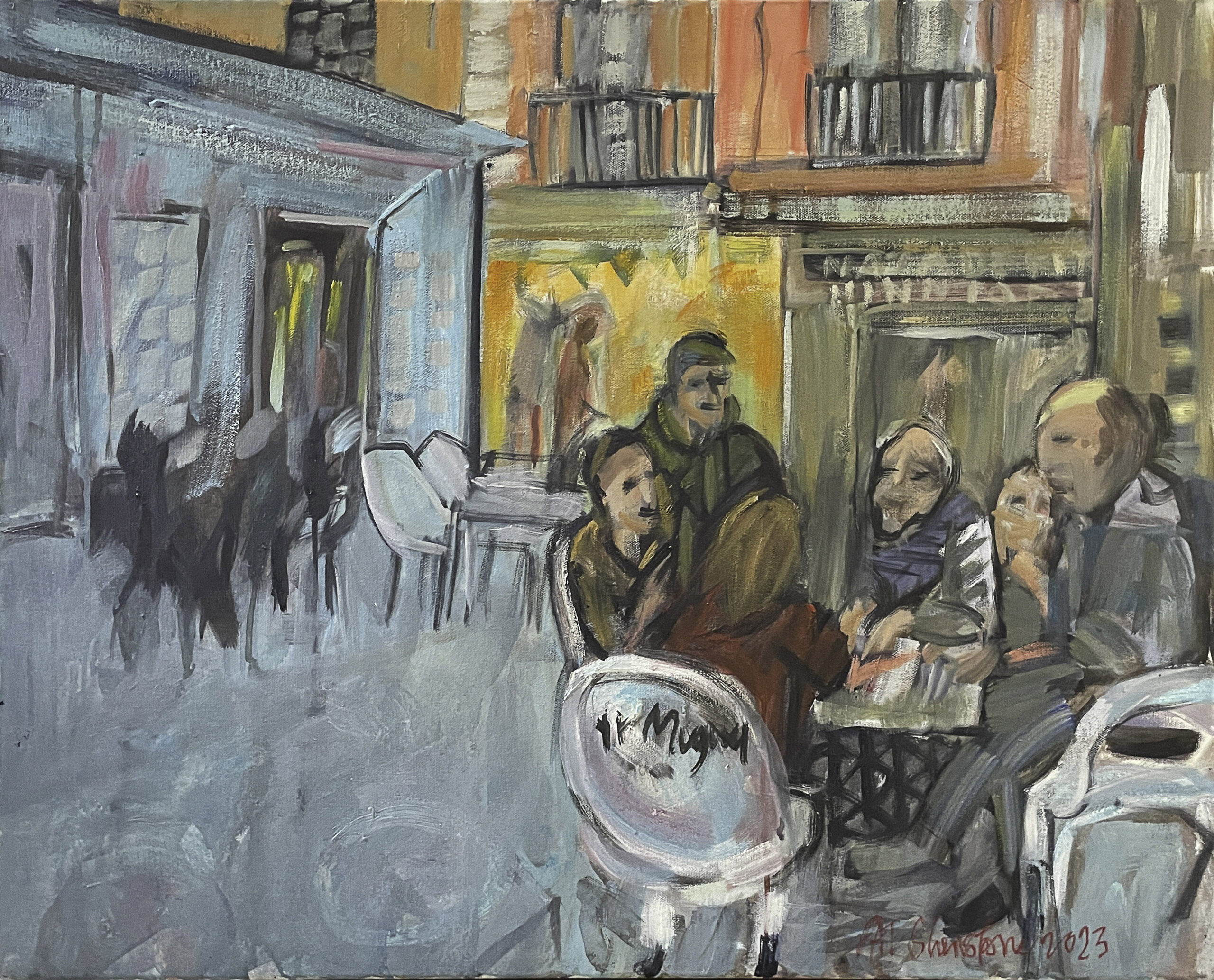 Media: Oil on canvas. Size: 76 cm x 61 cm. Title: Madrid Street Cafe.