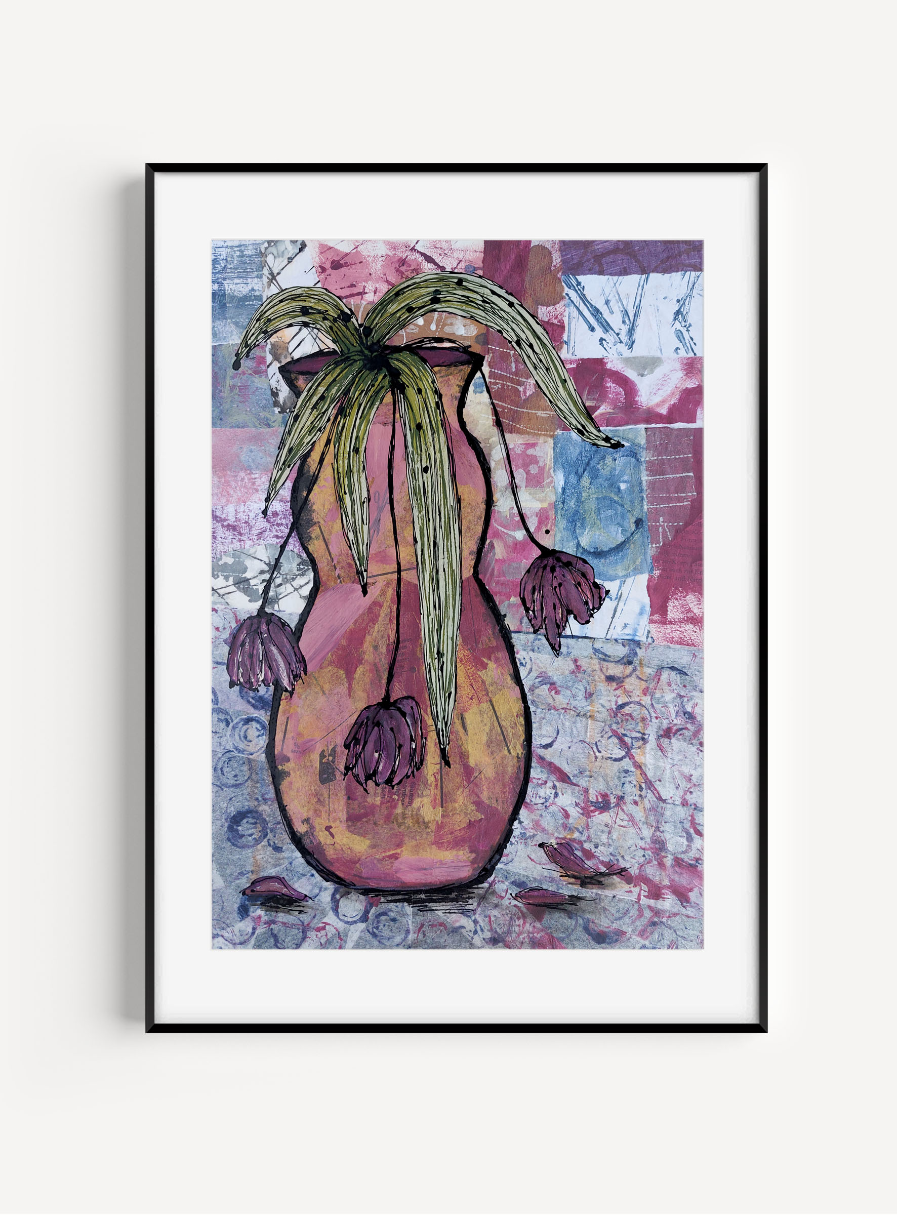 Wilting. Collage, paint and ink. Size is A3 (42 by 29.7cm) unmounted or 62.6 x 47.6 x 2.5cm framed with mount